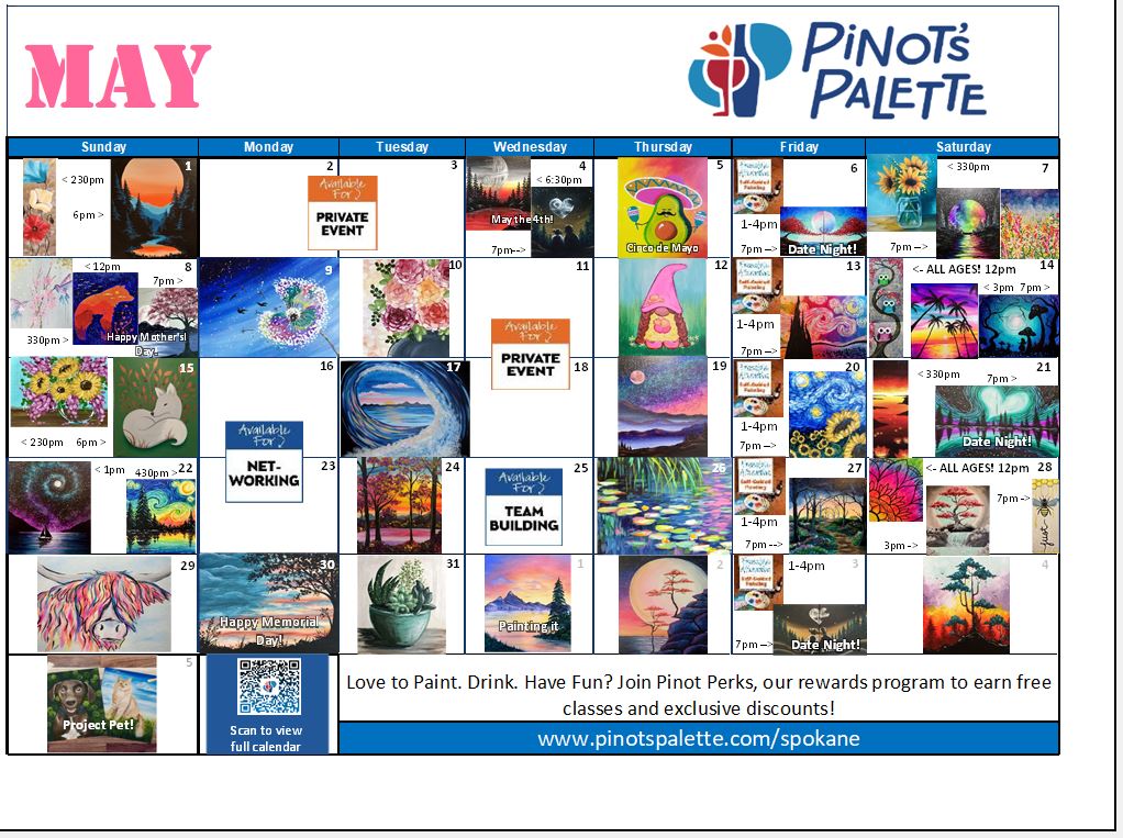 May Calendar is Here! Pinot's Palette